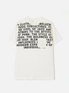 Ecru single jersey pocket tee laid flat on a light grey seamless backdrop. A bold black all-caps text graphic covers the chest, referencing music subcultures including jazz, punk, mods and hip-hop. A small patch chest pocket sits within the graphic. Crew neck, short sleeves and a Universal Works neck label visible.