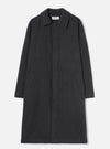 Grey marl wool overcoat laid flat on a light grey seamless backdrop. Features a point collar, concealed fly front with a single visible dark button at the neck, two large patch pockets at the lower front, and long plain sleeves. The coat reaches below the knee in a relaxed silhouette. Fabric has a soft, lightly flecked marl texture.