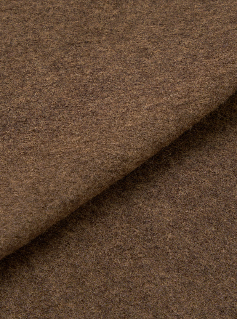 A detailed close-up fabric swatch image of the Brown Marl Wool Fleece Rams Jacket against a light background, highlighting the soft texture, flecked marl pattern, and thick wool blend fleece material.