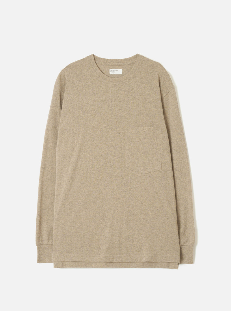 Dark sand marl long-sleeve pocket tee in recycled wool mix jersey, laid flat on a white studio backdrop. Features a crew neck, single patch chest pocket, ribbed cuffs, and a straight hem. A Universal Works woven label sits at the inside neckline.