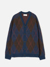 A navy blue and brown argyle cardigan sweater with red diamond lines, featuring a V-neck, button closure, and ribbed cuffs and hem, shown flat on a light gray background.