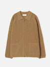 A full front view of the Tawny Eco Wool Zip Cardigan displayed on a clean white background. The warm brown knitted cardigan features a full zip front closure, raised funnel neck collar, long sleeves, and fitted ribbed trims.