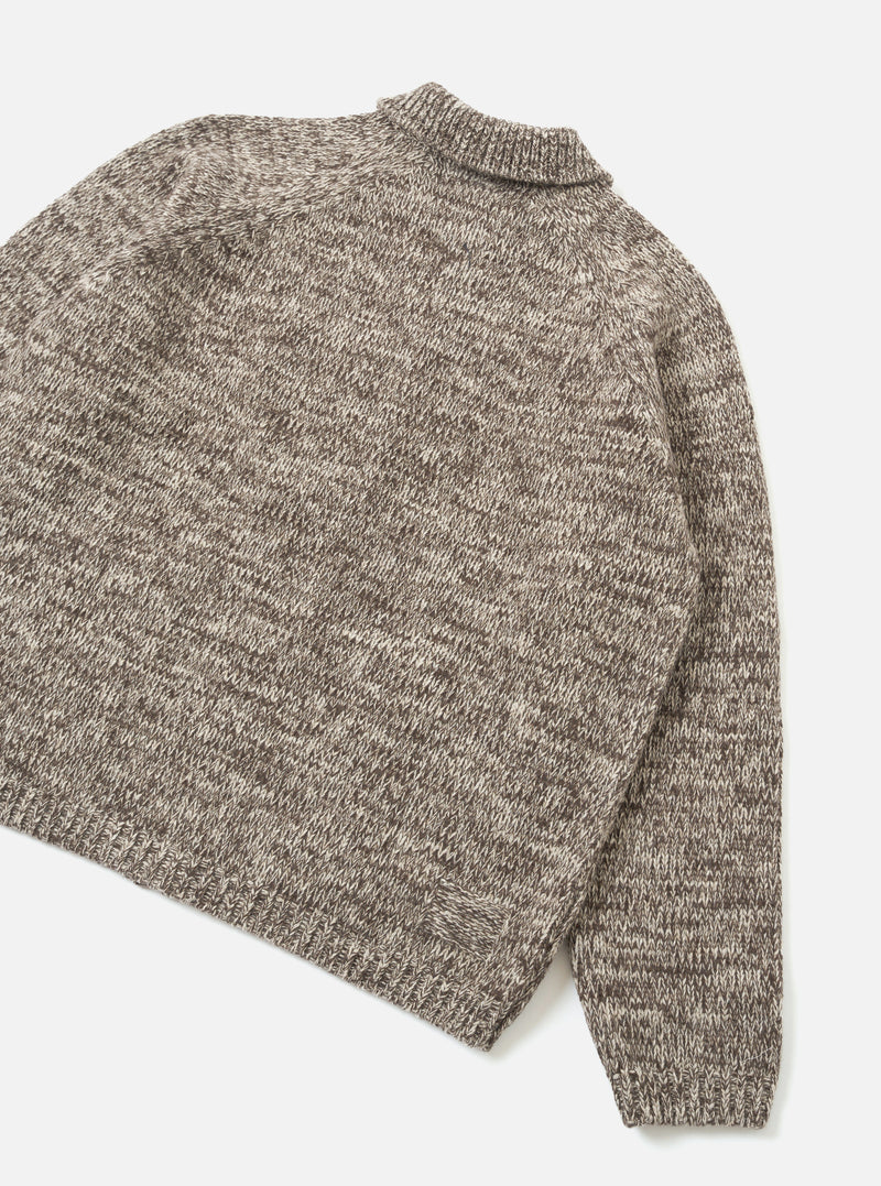 A rear view of the Ecru/Brown Lambswool Zip Cardigan shown on a plain white studio background. The knit garment highlights the smooth back panel construction, set-in long sleeves, and contrasting brown and ecru wool patterning.