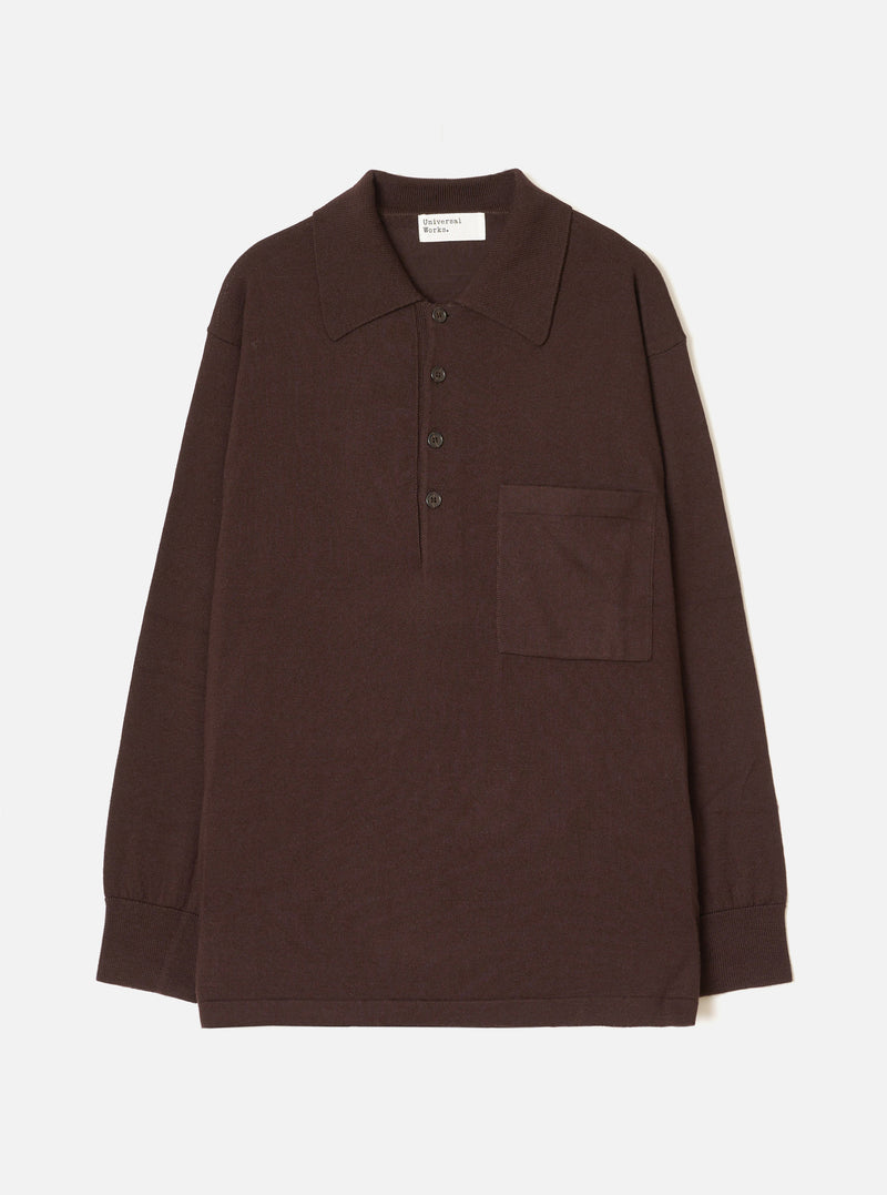 Espresso brown merino knit pullover shirt laid flat on a white studio backdrop. Features a pointed polo collar, four-button placket, single patch chest pocket, long sleeves with ribbed cuffs, and a ribbed hem. Universal Works woven label visible at the back neck.