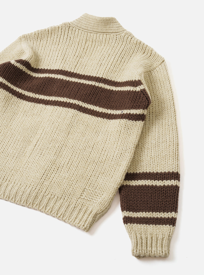 Back view of the Ecru Chunky Knit Stripe Langdale Cardigan set against a plain white studio background. Showcases the relaxed fit silhouette, ribbed hem, cuffs, and continuous intarsia striped pattern across the ecru chunky wool knit.