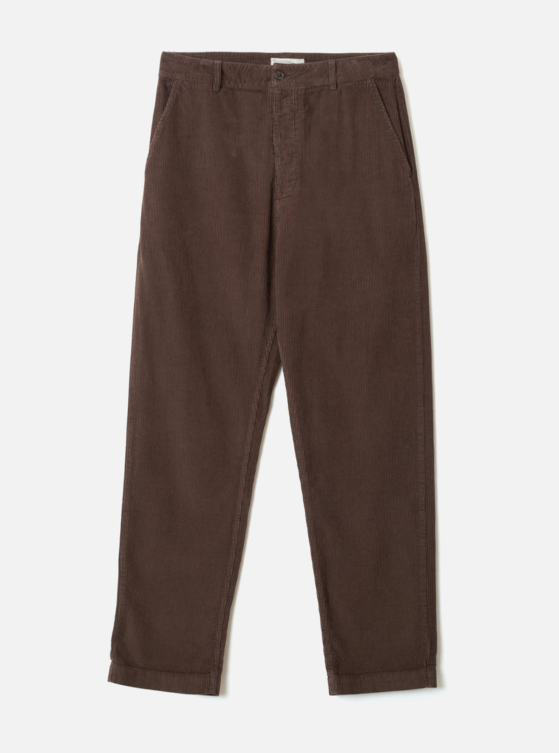 Cacao brown corduroy military chino trousers laid flat on a light grey studio backdrop. Wide-wale cord texture visible throughout. Structured waistband with a single button fastening, belt loops, and slanted side pockets. Straight leg silhouette with a neat turned hem at the ankle.