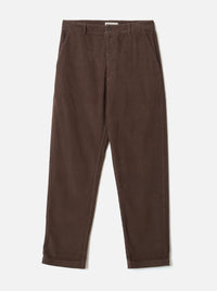 Cacao brown corduroy military chino trousers laid flat on a light grey studio backdrop. Wide-wale cord texture visible throughout. Structured waistband with a single button fastening, belt loops, and slanted side pockets. Straight leg silhouette with a neat turned hem at the ankle.