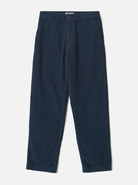 Dark navy corduroy military chino trousers laid flat on a light grey seamless backdrop. Wide-wale cord fabric with vertical ribbing throughout. Structured waistband with a single button fastening, belt loops, and slanted side pockets. Relaxed straight leg with a plain, unfinished hem.