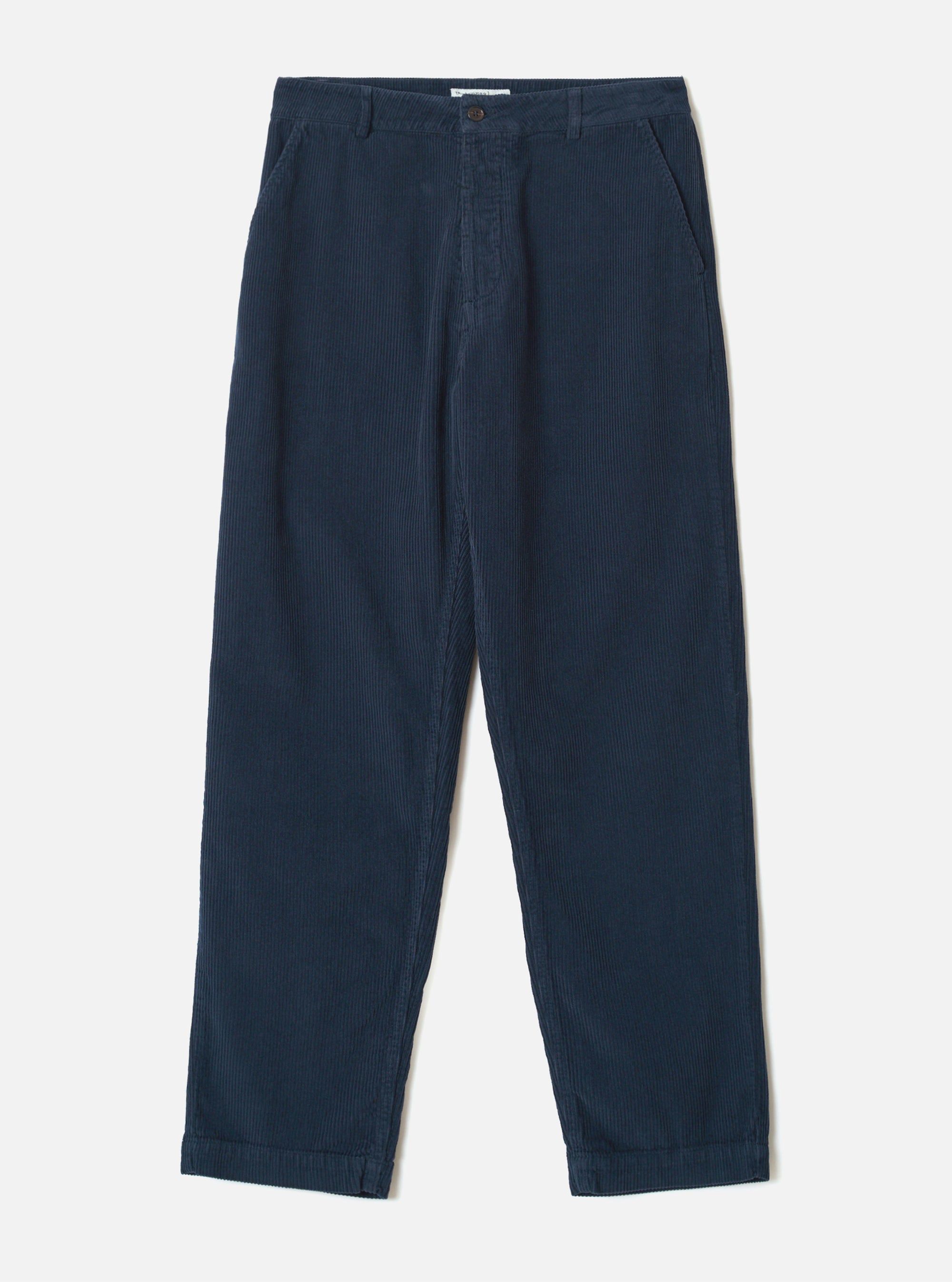 Dark navy corduroy military chino trousers laid flat on a light grey seamless backdrop. Wide-wale cord fabric with vertical ribbing throughout. Structured waistband with a single button fastening, belt loops, and slanted side pockets. Relaxed straight leg with a plain, unfinished hem.