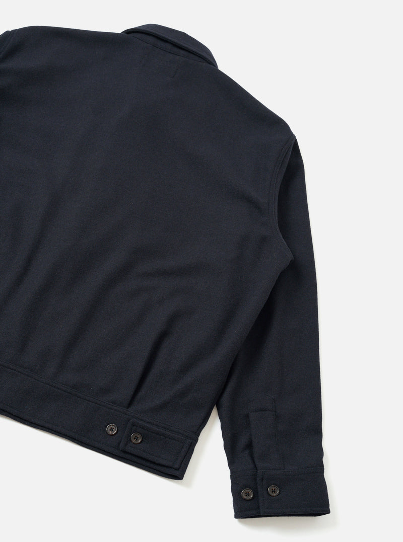 The Dark Navy Dublin Wool Mix Rose Bowl Jacket presented against a clean white background. This angled product view highlights the collar, front button closures, and textured wool-blend fabric details.
