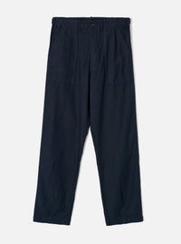 Front view of the Navy Slub Sateen Loose Fatigue Pant displayed flat against a clean off-white background. The shot highlights the deep navy cotton sateen fabric, comfortable relaxed silhouette, structured waistband, and front fatigue pockets.