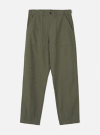 Front view of the Olive Slub Sateen Loose Fatigue Pant presented against a plain off-white studio background. The product shot highlights the military olive green shade, spacious fatigue pockets, comfortable waistband, and relaxed leg cut.