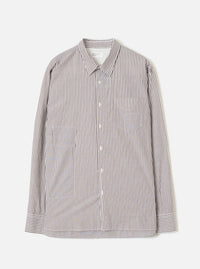 Brown and white vertical stripe cotton shirt, flat lay on a light grey backdrop. Point collar, front button placket with cream buttons, chest patch pocket, two large lower patch pockets, and button cuffs. Universal Works label visible at neck.