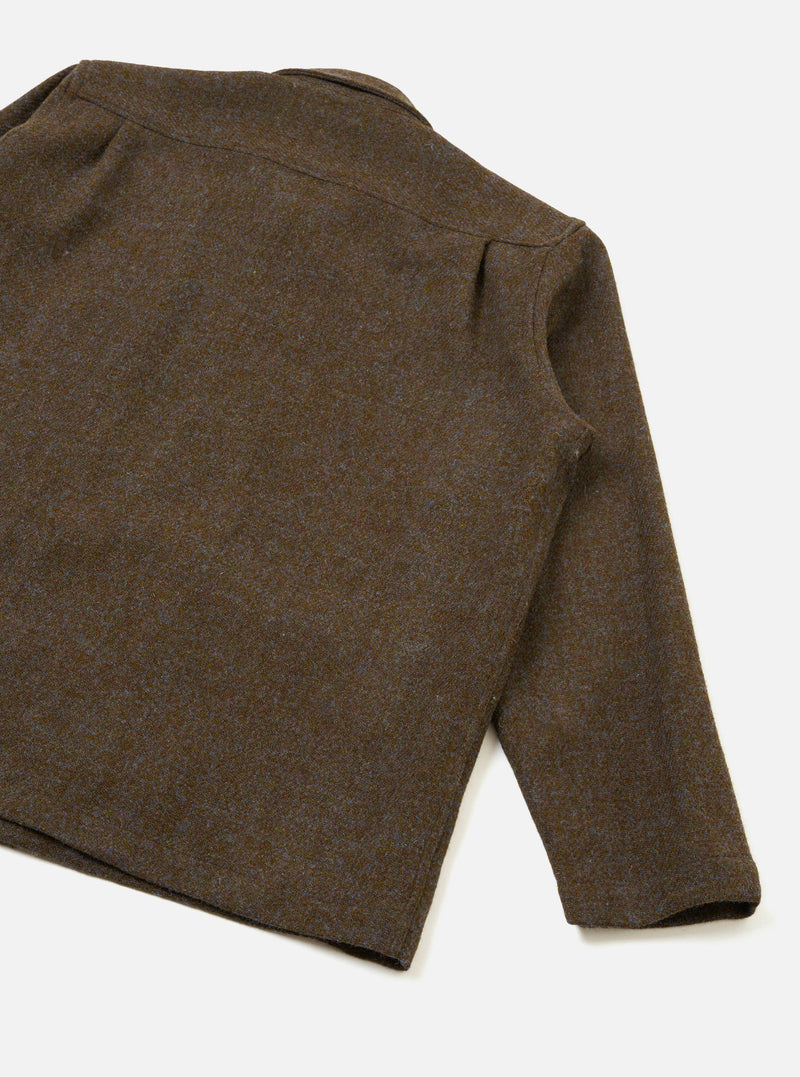 A back view of the Brown Harris Tweed Easy Jacket set against a clean white background. This image highlights the relaxed hemline, central seam construction, and the rich brown textured wool material.