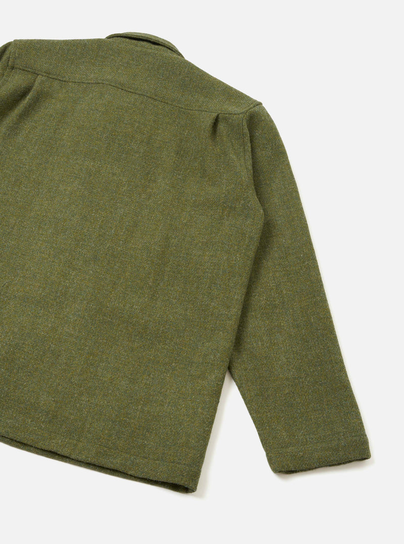 A clean back view of the Olive Harris Tweed Easy Jacket shown on a white background. This product image emphasizes the smooth back paneling, shoulder seams, and textured olive wool construction.