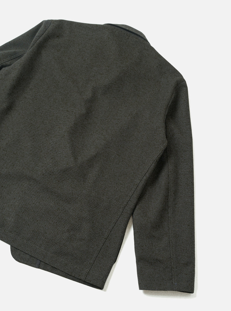 A back view of the Olive Recycled Italian Tweed Two Button Jacket set against a light neutral background. The shot displays the clean rear hemline, structured shoulders, and rich olive green recycled wool fabric texture.
