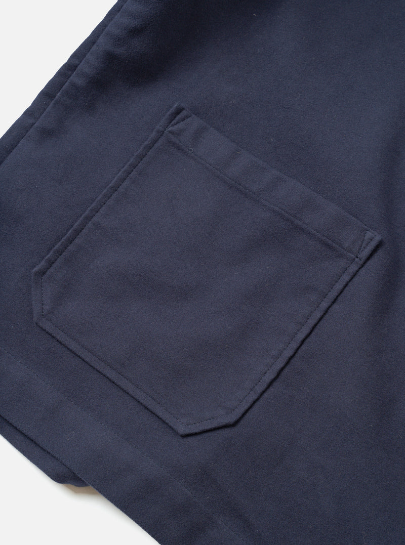A close-up view of the Navy Comfort Moleskin Ives Jacket on a plain white background, showing the internal chest pocket, collar stitching, and rich texture of the deep navy blue brushed cotton moleskin fabric.