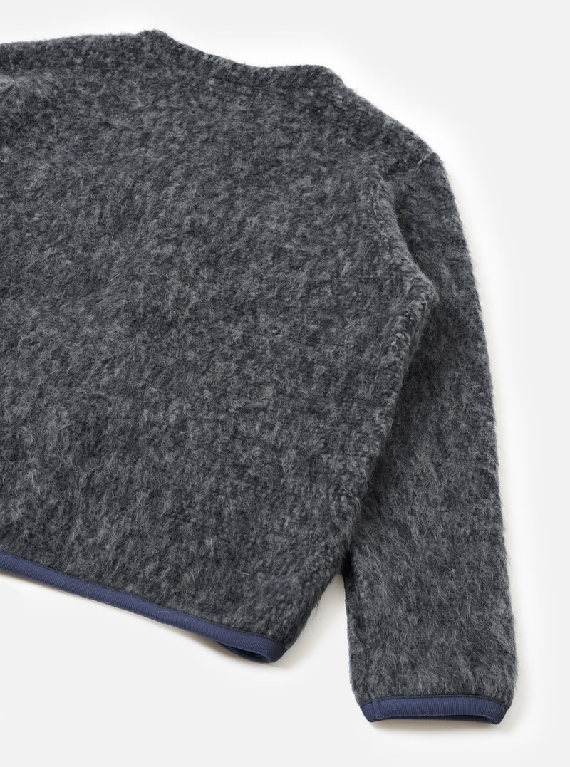 A back view of a model wearing the Navy/Pale Grey Losso Mohair Mix Cardigan against a plain neutral background, showcasing the fit, knit texture, soft mohair blend finish, and overall back silhouette of the piece.
