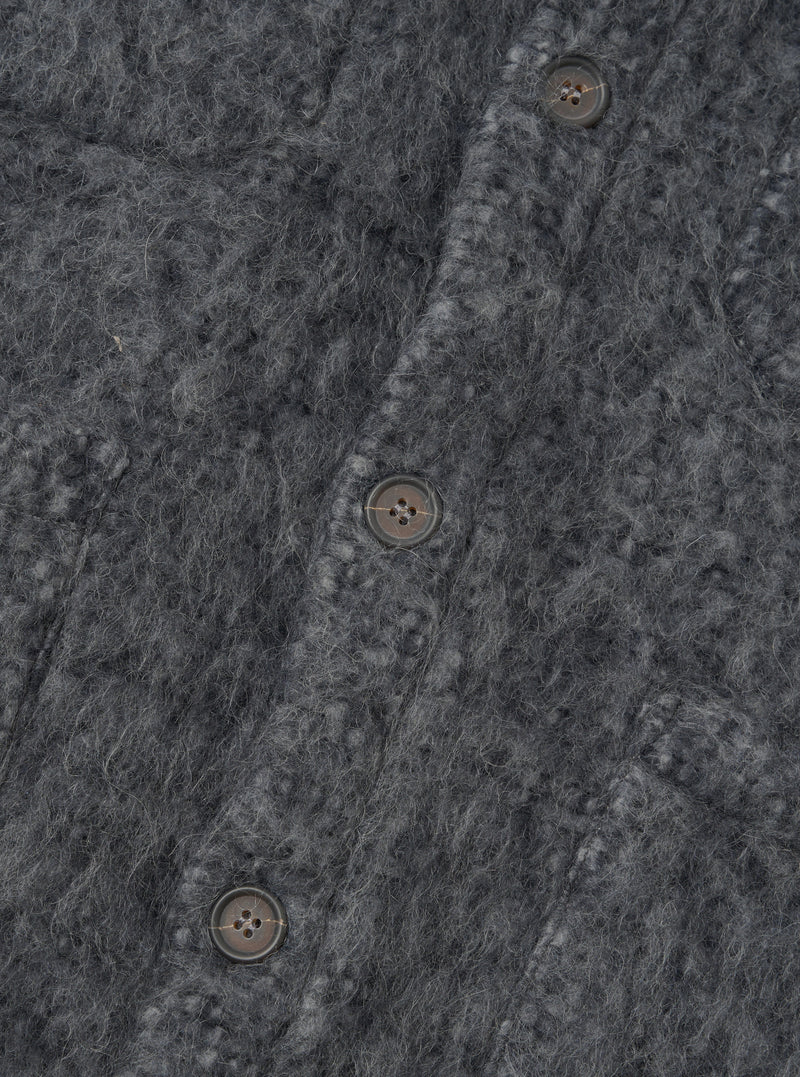 A detailed close-up view of a model wearing the Navy/Pale Grey Losso Mohair Mix Cardigan, highlighting the button fastening, soft fuzzy texture, rich knit weave, and ribbing details around the front hem and collar.