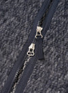 A close-up detail shot of a model wearing the Navy/Pale Grey Losso Mohair Mix Zip Liner Jacket, showing the zipper, neckline, and fuzzy texture of the navy and pale grey mohair blend fabric.