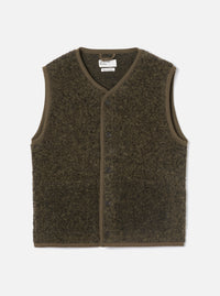 Brown boucle style fleece gilet laid flat on a light grey studio backdrop. V-neckline with brown binding trim running around the neck, armholes and hem. Six dark buttons fasten the centre front placket. Universal Works woven label visible at the neck. Textured, looped fleece fabric throughout.