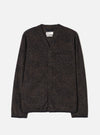 Full front product view of the Navy Deca Light Knit Cardigan displayed on a plain white background. The image showcases the V-neckline, button front fastening, ribbed cuffs, hem, and lightweight dark navy knit texture.
