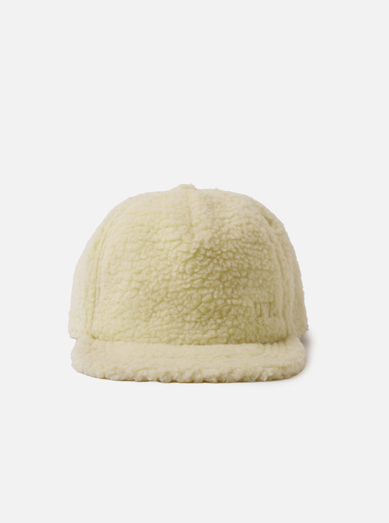 A back view of the Ecru Galaxy Fleece Baseball Hat against a plain studio backdrop, highlighting the adjustable back strap with a metal clasp and rear paneling in soft ecru fleece.