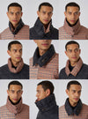 Multiple views of a model wearing the TAION x Universal Works Reversible Dark Navy Military Line Neck Warmer. It features a dark navy quilted side and a brown and tan houndstooth pattern.