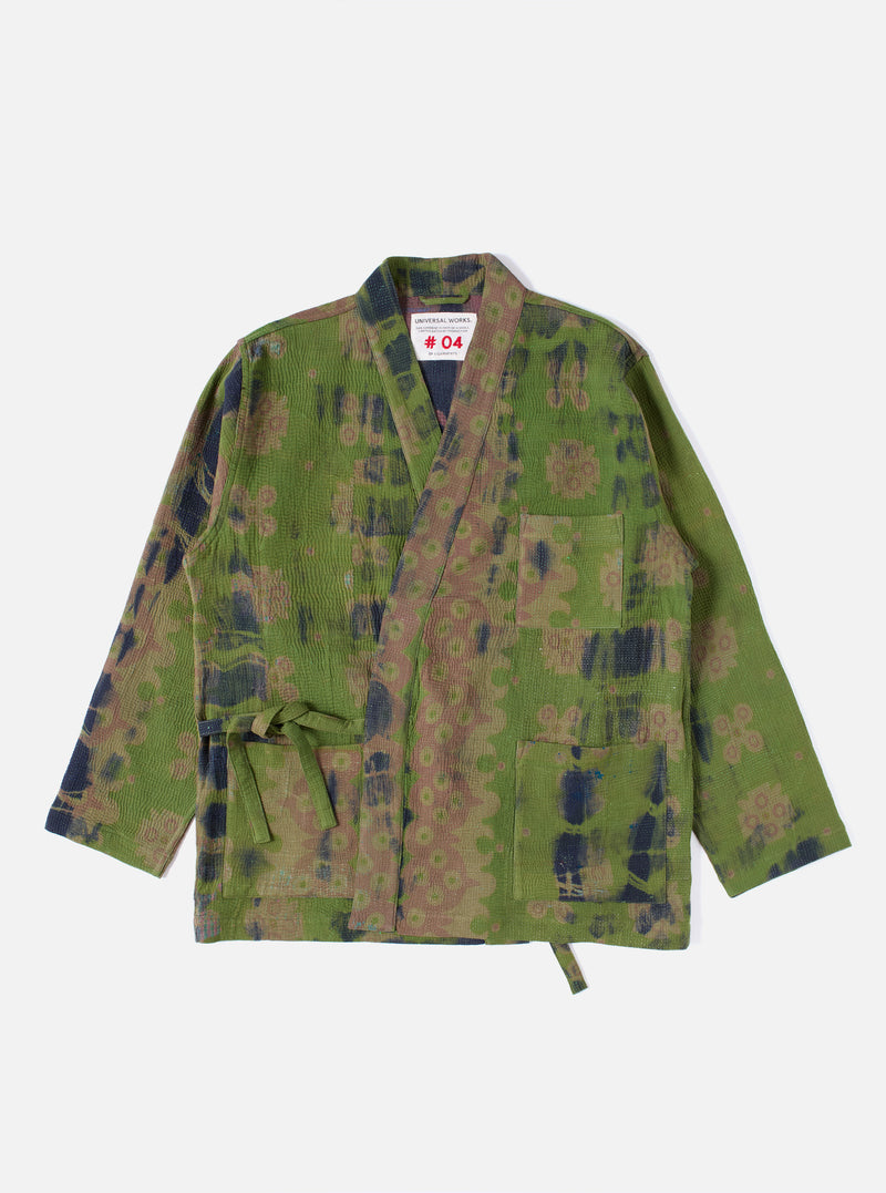 Flat lay on white: Green Tie Dye #4 Kantha Kyoto Work Jacket - Large. Jacket features a tie-dye pattern in green, brown, and navy. Made of textured cotton with a tie closure.