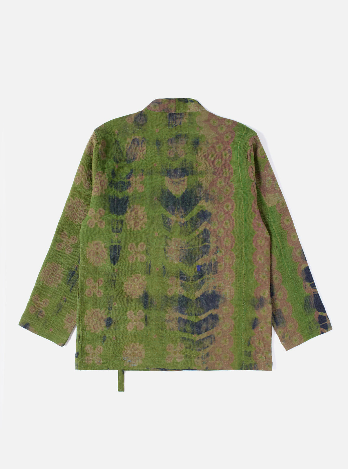 Back view of the Green Tie Dye #4 Kantha Kyoto Work Jacket - Large on a white background. The jacket features a green, brown, and navy tie dye pattern.