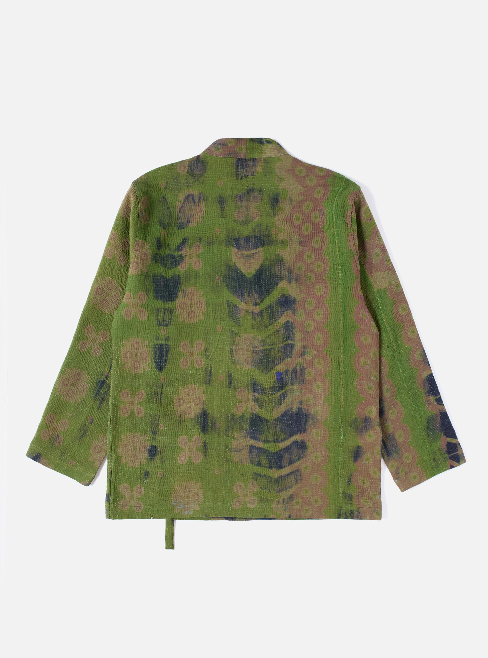 Back view of the Green Tie Dye #4 Kantha Kyoto Work Jacket - Large on a white background. The jacket features a green, brown, and navy tie dye pattern.