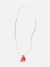 Hanami of Rome Bandana Necklace/Bracelet No.40 on a white background. Features white beads, turquoise accents, and a red bandana charm. Versatile accessory.