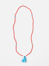 The Hanami of Rome Bandana Necklace/Bracelet No.8 on a white background. Features red beads, turquoise accents, and a blue bandana tassel. Versatile accessory.