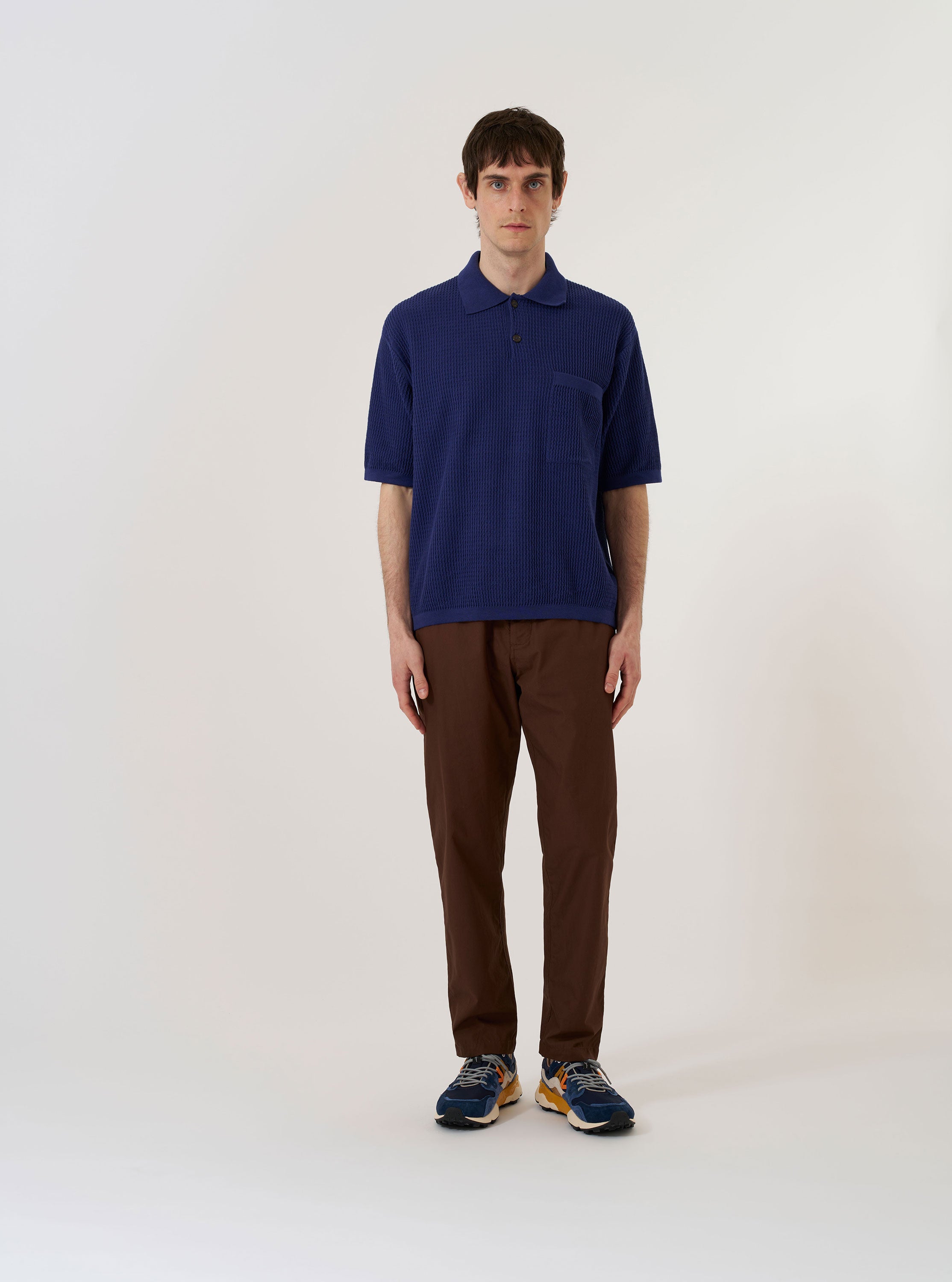 Men's Navy Fine Texture Tricot S/S Knit Polo – Universal Works