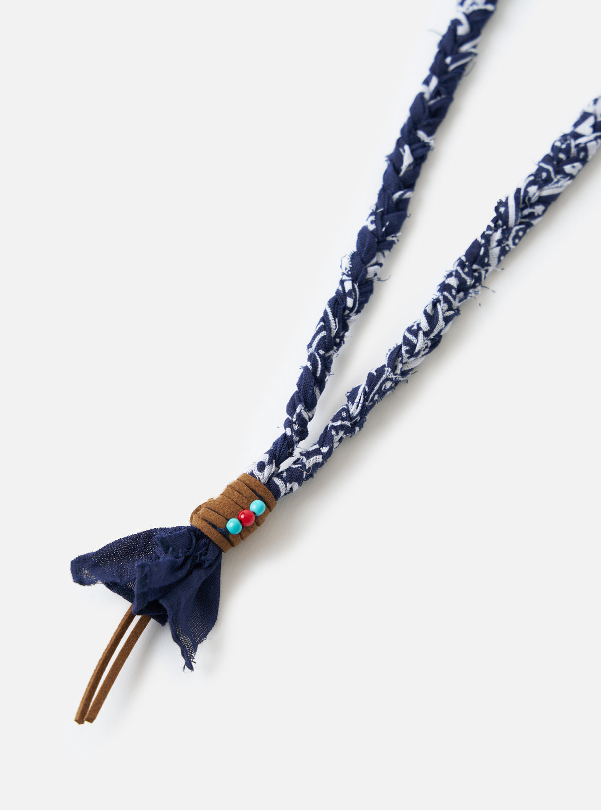 Hanami of Rome Blue/Brown Leather/Turquoise-Red Bead Bandana Necklace No.56