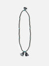 Hanami of Rome Matte Black/Turquoise Bead Necklace No.58 on a white background. The necklace features black beads, turquoise accents, and black/white patterned fabric tassels.