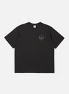 The Kappy Charcoal Palm Coast Half Tee is shown as a flat lay against a white background. The short-sleeve t-shirt features a vintage-inspired graphic on the chest with the words Palm Coast and a beach-themed illustration in vibrant colors. The garment is made from charcoal grey bio-washed cotton and features a crew neckline with visible chain stitching.