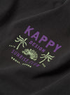 The Kappy Charcoal Palm Coast Half Tee is shown as a flat lay against a white background. The charcoal grey t-shirt features a colorful beach-inspired graphic on the chest with the words Palm Coast. The garment has a relaxed fit with a crew neckline and short sleeves.