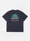 The Kappy Vintage Navy Sunny Wink Half Tee is shown from the back as a flat lay against a plain white background. The vintage navy blue t-shirt features a large, central graphic of a winking sun in a contrasting cream color. The garment has a relaxed, oversized fit with short sleeves and a simple crew neckline.