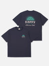 The Kappy Vintage Navy Sunny Wink Half Tee is shown as a flat lay against a white background. The image displays two identical navy blue t-shirts side-by-side to show the front and back. The front features a small yellow graphic on the left chest, and the back features a large yellow "Sunny Wink" graphic. The t-shirts have a relaxed fit, short sleeves, and a classic crew neckline.