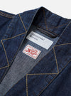 The Indigo Kaihara LT WT Denim Kyoto Work Jacket is shown as a flat lay against a plain white background. The jacket features a kimono-style wrap front with internal and external fabric ties for closure. It is designed with one external chest patch pocket and two larger patch pockets at the waist. The lightweight indigo-dyed denim has a smooth, consistent finish with visible tonal stitching.
