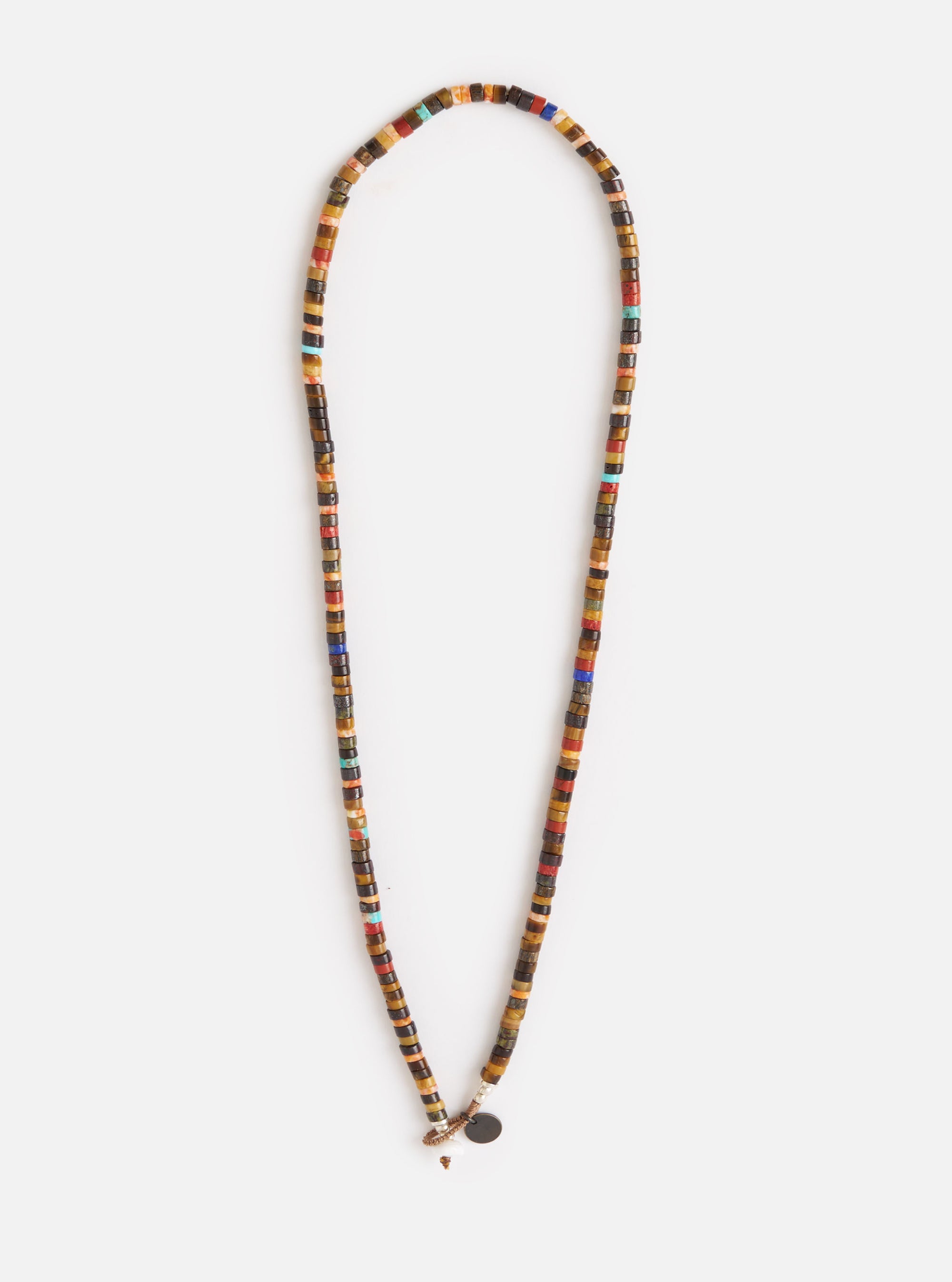 The Mikia Brown Multi Heishi Beads Necklace on a clean white background. The necklace features brown, red, and blue beads. The fit is long and hangs down.