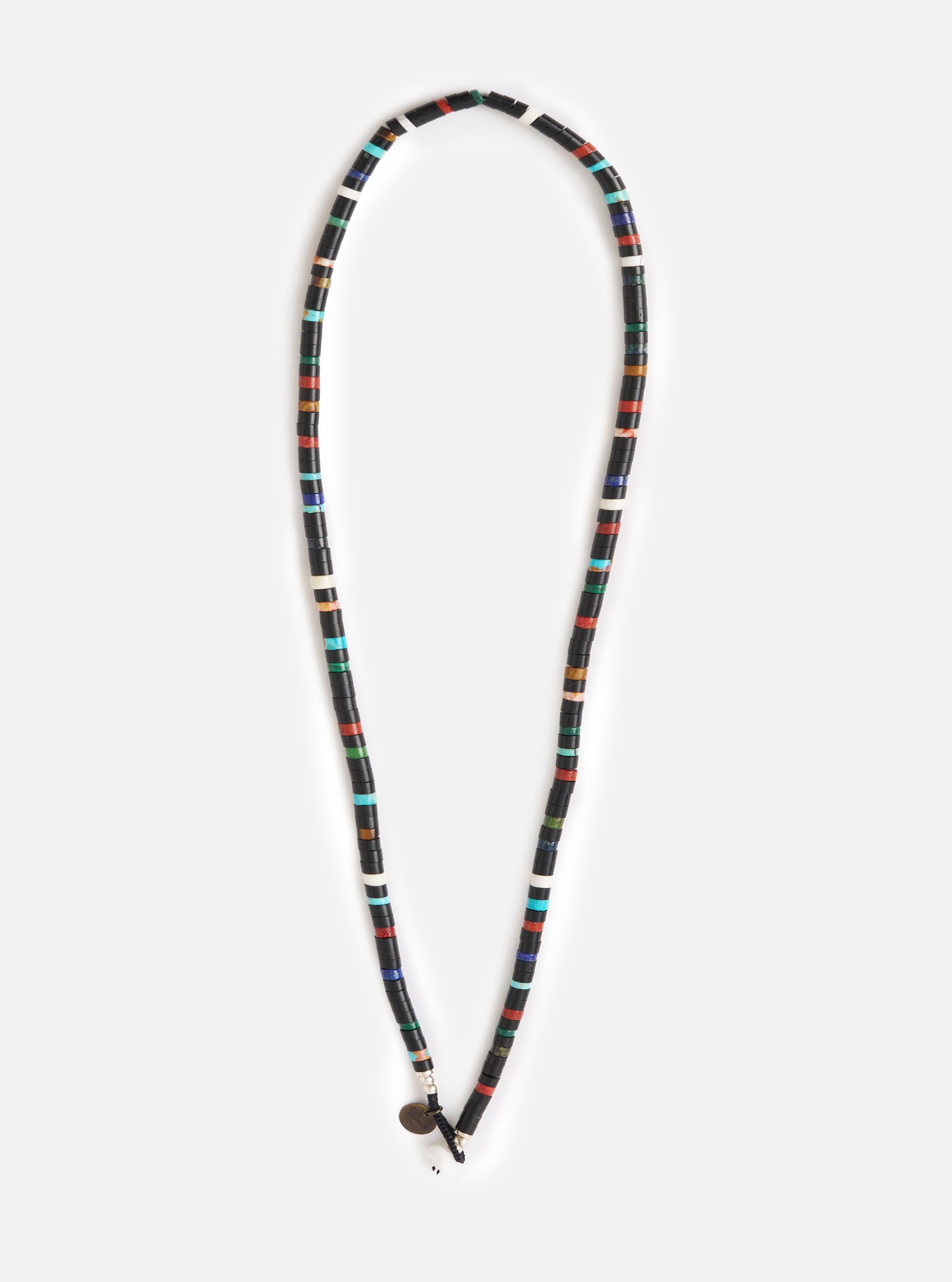 The Mikia Jet Multi Heishi Beads Necklace on a white background. The necklace features black heishi beads interspersed with colorful accents.