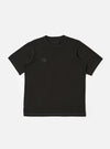 The master-piece x Universal Works Black Single Jersey Print Tee is shown as a flat lay against a white background. The short-sleeve t-shirt features a ribbed crew neckline and a white graphic print on the left chest.