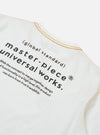 The master-piece x Universal Works White Single Jersey Print Tee is shown from a rear angle as a flat lay against a white background. The back of the white t-shirt features a large, colorful graphic print. The garment has short sleeves and a simple crew neckline.