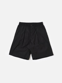 The master-piece x Universal Works Black Recycled Poly Tech Pleated Track Short is shown as a flat lay against a white background. The shorts feature a relaxed, loose fit with a single pleat on each leg and an elasticated waistband. The design includes a button closure, zip fly, and two side hand pockets.
