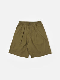 The master-piece x Universal Works Olive Recycled Poly Tech Pleated Track Short is shown as a flat lay against a white background. The shorts feature a super-loose silhouette with a single pleat on the front, an elasticated waistband with belt loops, and a button closure. Two diagonal hand pockets are visible at the sides.