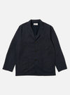 The Navy Linen Slub Weave Three Button Jacket is laid flat on a white background. The jacket is navy with three brown buttons and two front pockets.