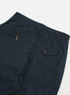 Close-up of the back of the Navy Broadcloth Oxford Pant on a white background. Shows the elastic waist, pockets with button closures, and blue stitching detail.