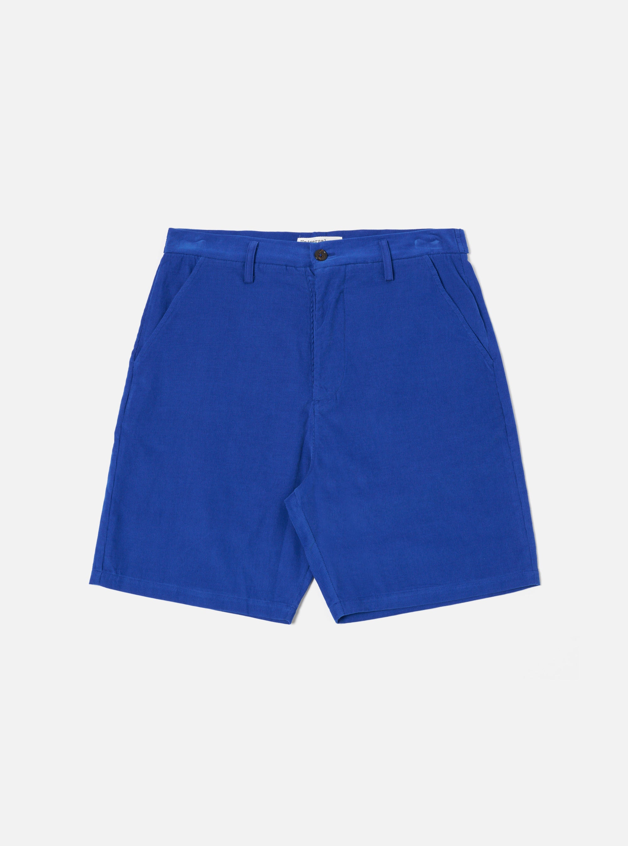 The Work Blue Summer Cord Alva Short, in vibrant blue corduroy, is laid flat on a clean white background. The shorts have a classic fit and visible pockets.